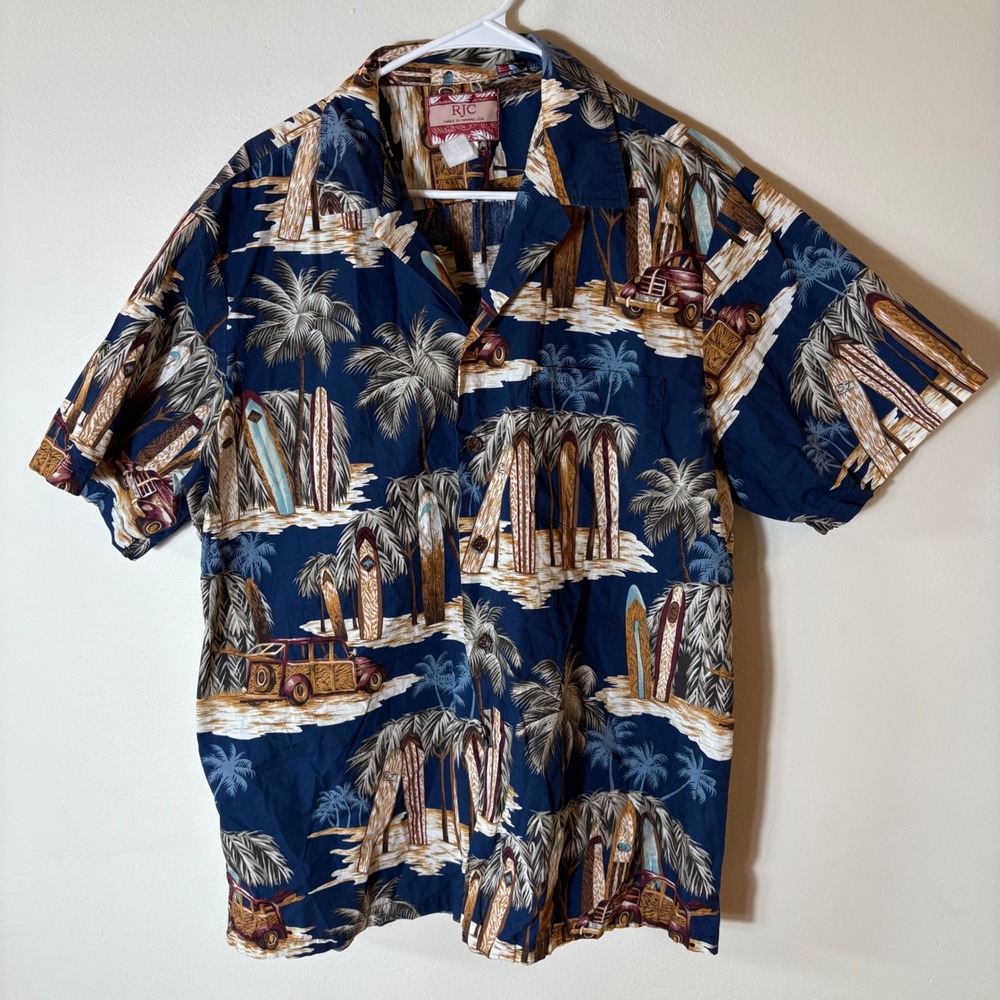 RJC Mens XL Hawaiian Shirt‎ Aloha Surfboard Woody Car Print Made in Hawaii USA